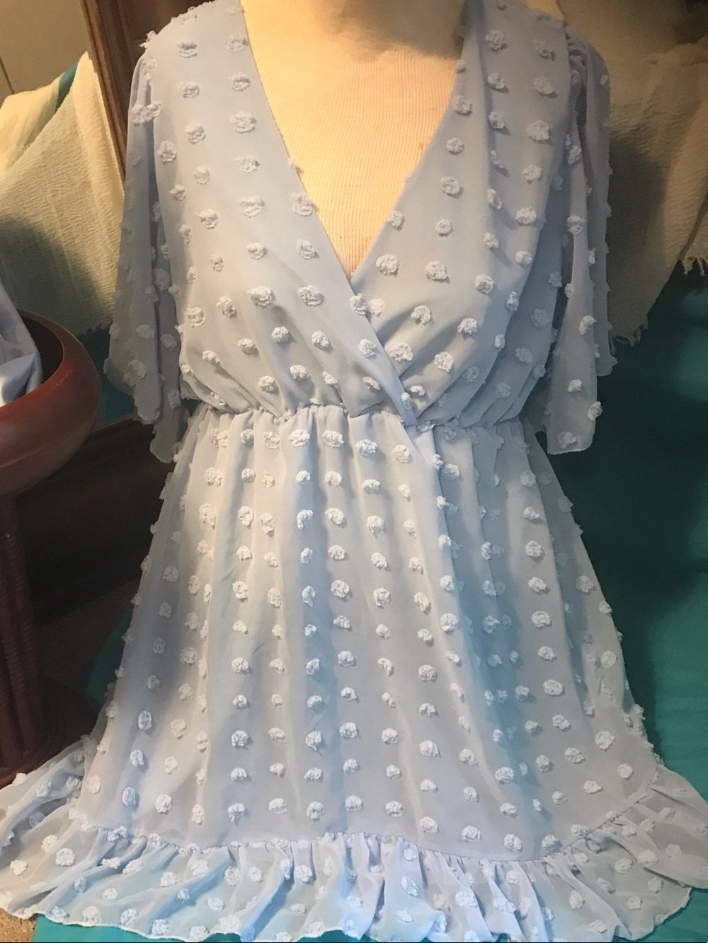 Light Blue Swiss Dot V-Neck Mini Dress with Ruffle Hem